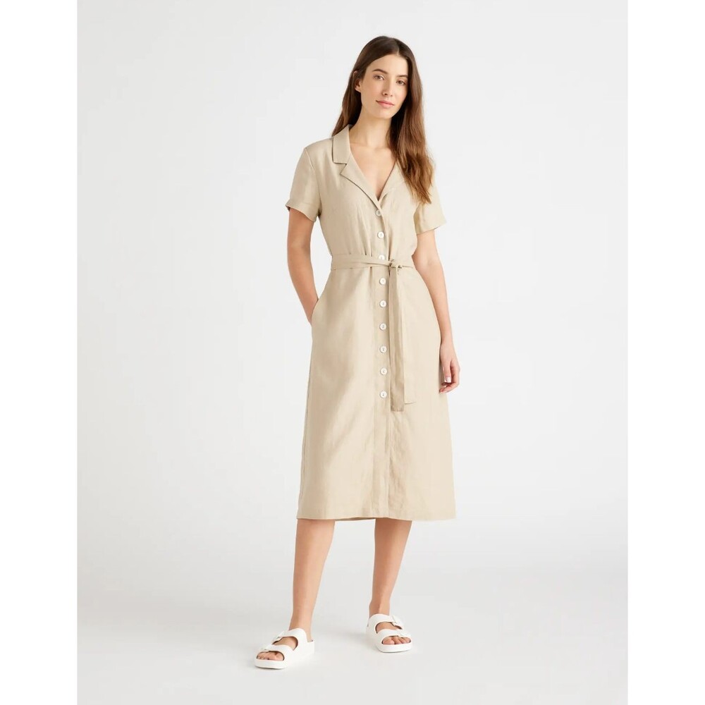 Quince 100% Organic Linen Button Down Safari Dress LG Tan Neutral Driftwood
